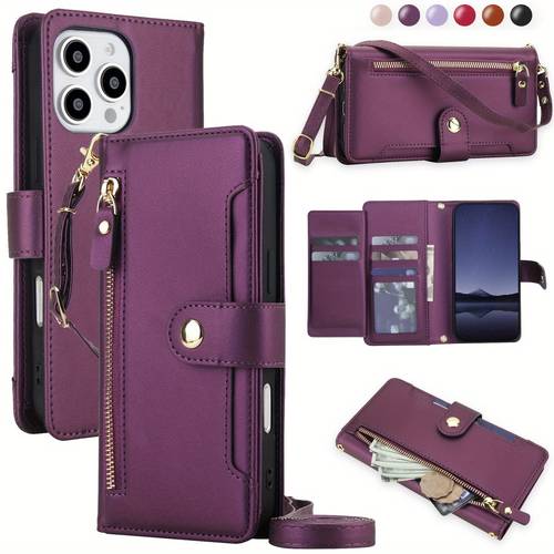 item picture pu faux leather wallet case compatible with for iphone 17 air 16e 16 15 14 plus 13 12 mini 11 xs max xr 8 7 plus se 5g 2022 2020 se3 se2 kickstand crossbody zipper mobile phone bag with wrist strap cover