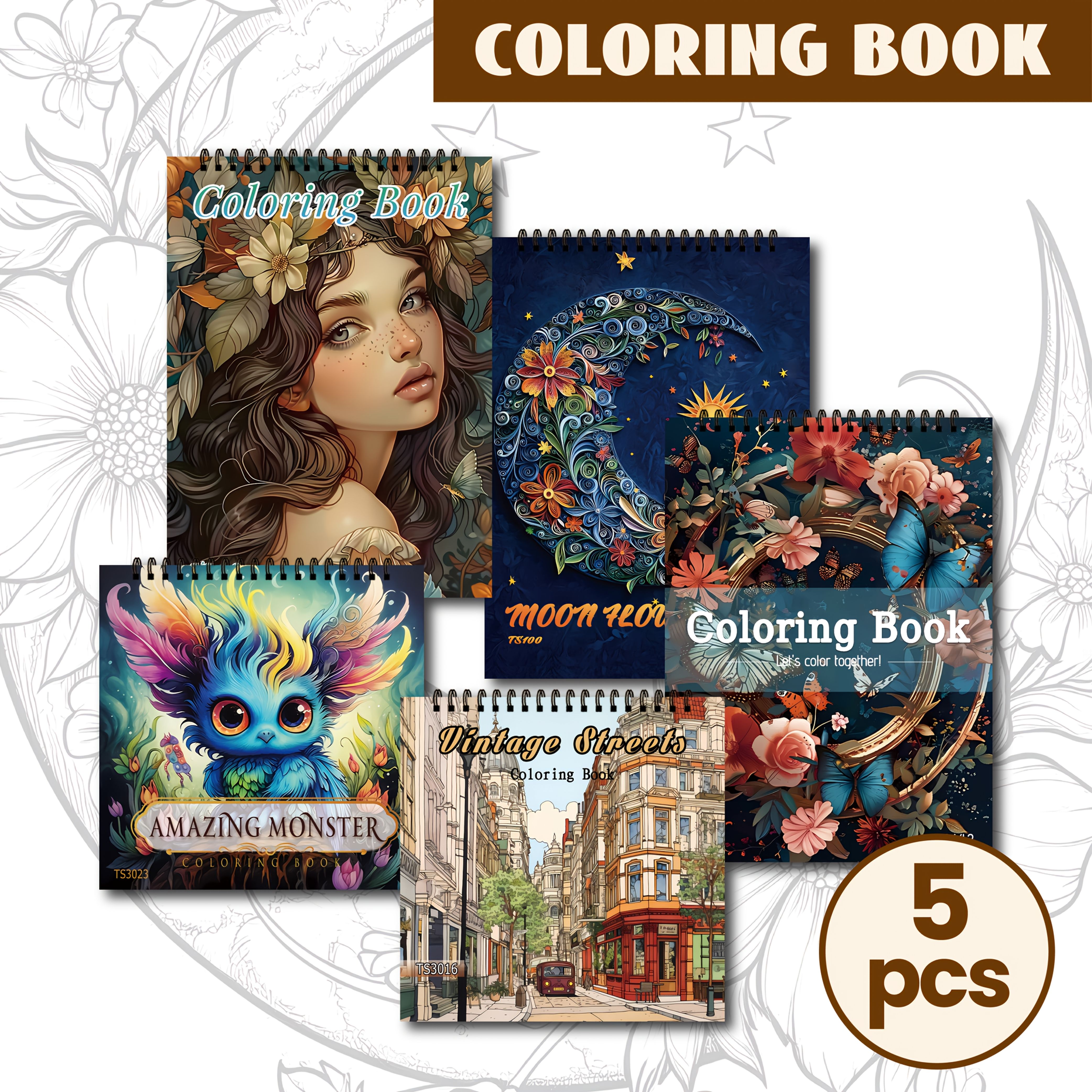 TEMU 5pcs Set Relax Adult & Teen Coloring Books With 150 Designs - Spiral Bound Art Activity Books With Thick 100gsm Paper, 2 Sizes For Adults &,