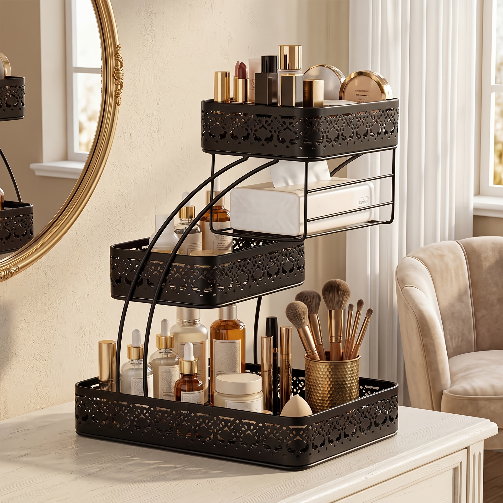 Image of Desktop Storage Basket, Lace-trimmed Large Basket, Super Practical 2-in-1 Use, Ideal For Kitchen & Dresser, Simple Stylish Organizer Basket, Suitable For Skincare Products, Toiletries, Standing Shelf