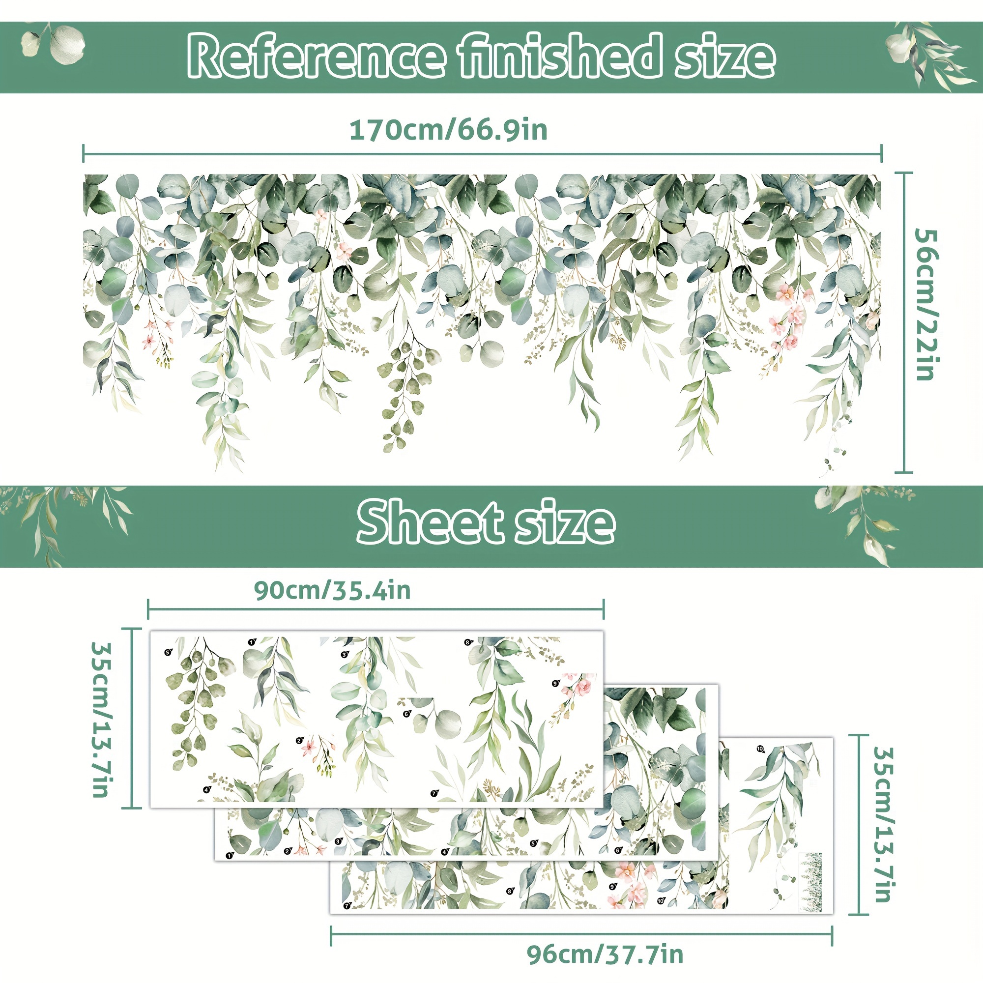 Image of 3sheets Green Plant Leaves Flowers Wall Stickers, Large Floral Leaves Vinyl Wall Stickers, Self-adhesive Nordic Eucalyptus Leaves Art For Bedroom Living Room Classroom Office
