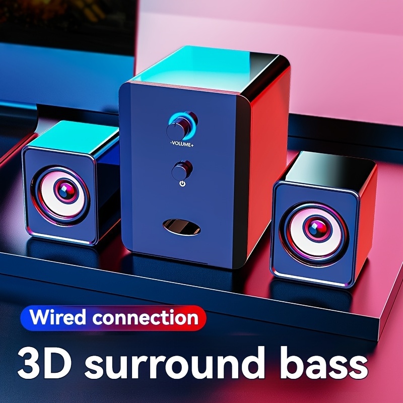 SADA S-201 2.1 Channel USB-Powered Desktop Speakers with Bass Boost, 3.5mm Audio Connection, Volume Control & Blue Accent Light - Compact 2.1 Channel Computer Speakers for Laptop, PC, Gaming, Home Office, Small Speakers for Desk, Gaming Audio, Modern Audio Gear, Durable Audio Gear