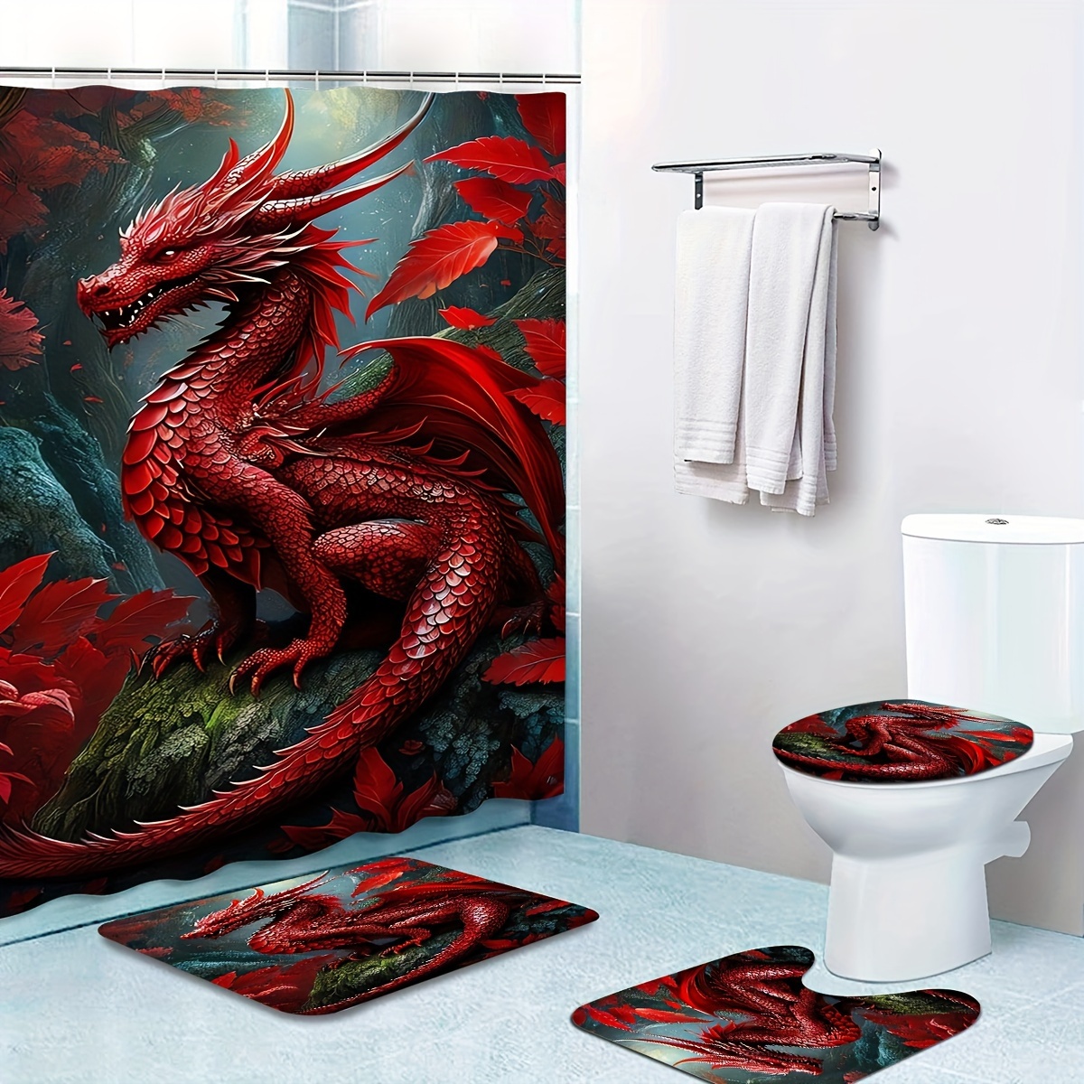 

Red Dragon Design Bathroom Decor Set With Water-resistant Bath Drapes, Non-slip Mat, Toilet Cover, Polyester, Machine Washable, Includes Hooks, Animal And Floral Pattern, Woven Fabric, All-season