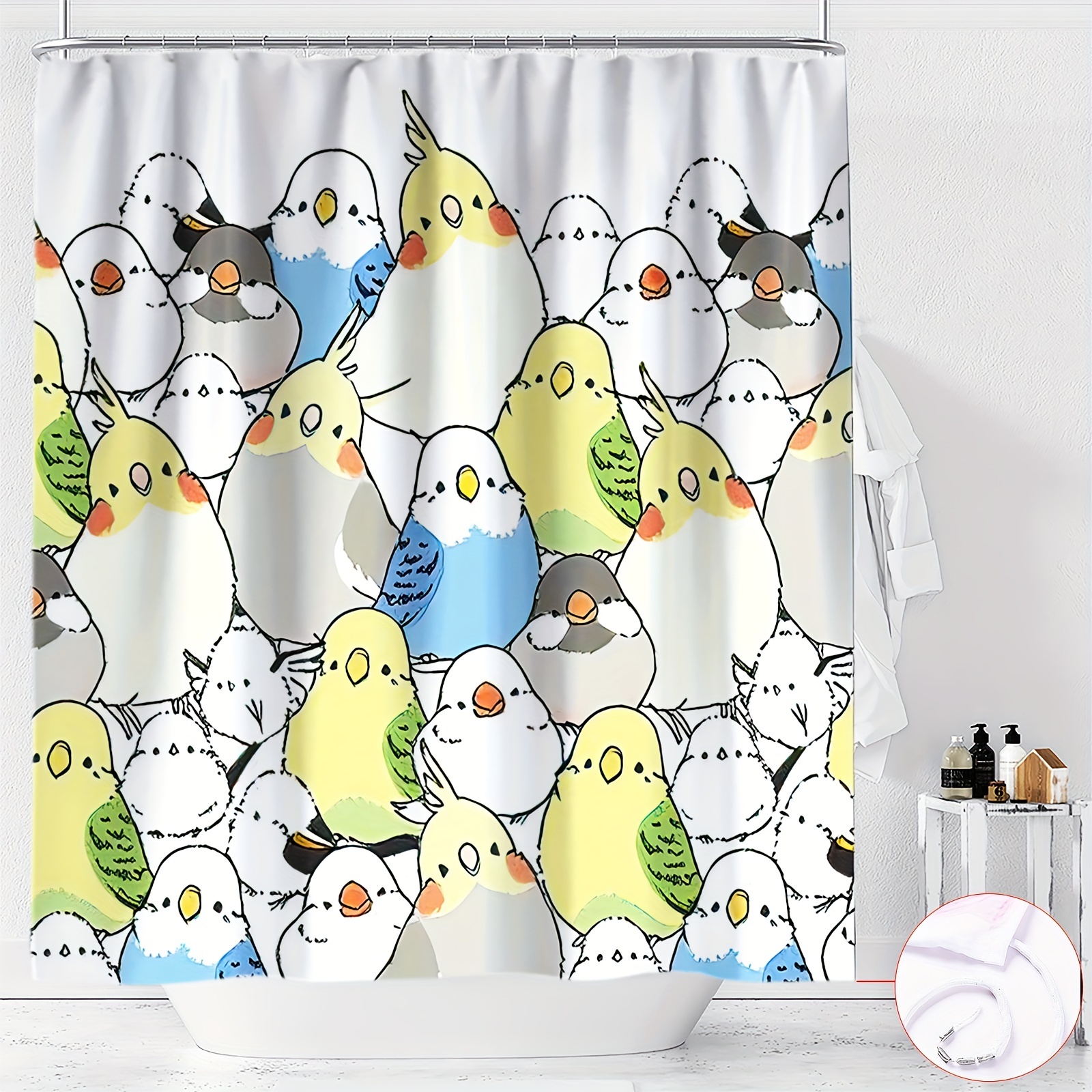 

1pc Cartoon Cute Parrot Bird Pattern Shower Curtain, Bathroom Decoration, Home Decoration, Free Hook, Machine Washable, Weaving Waterproof Polyester Fabric