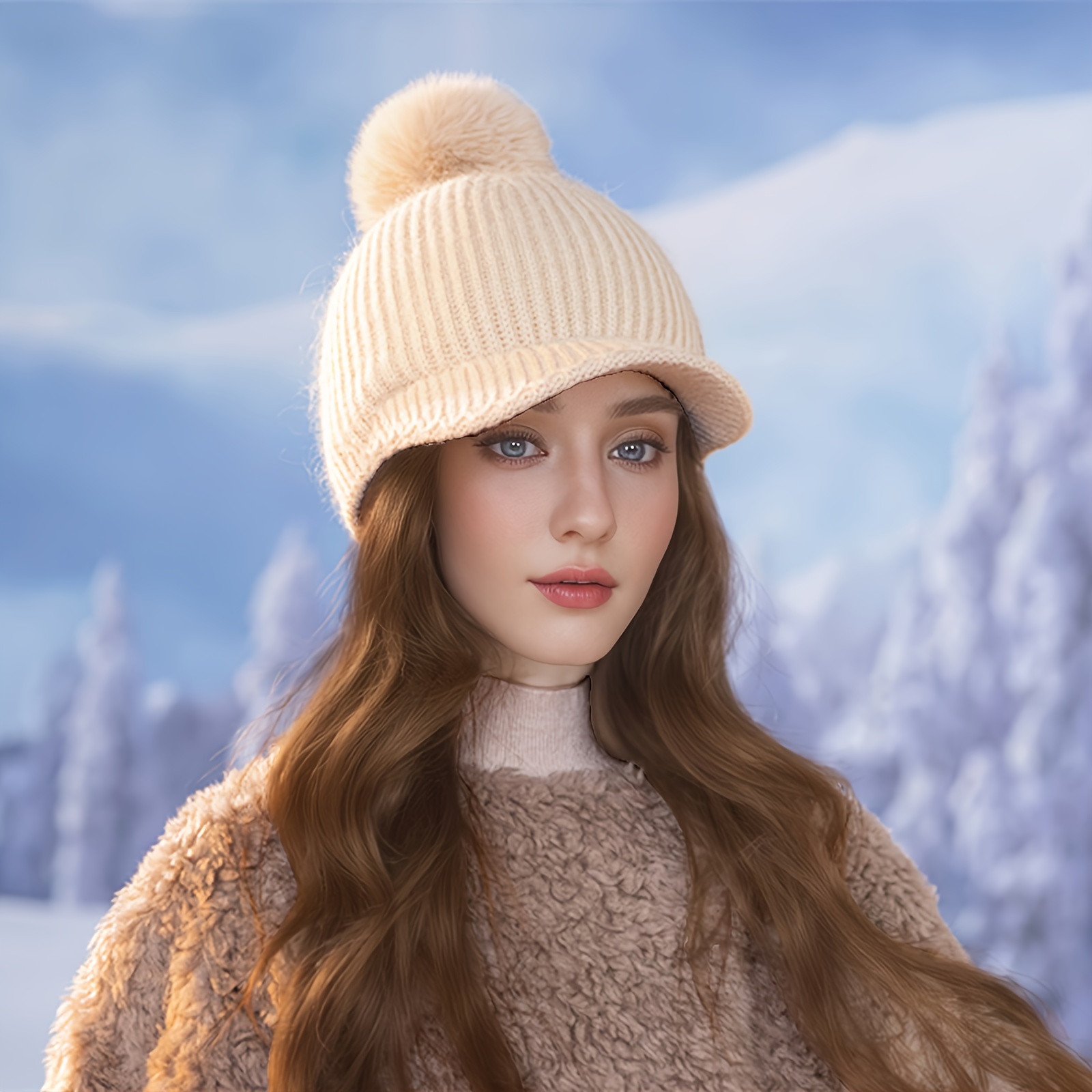 

Cozy Fleece-lined Knit Beanie With Pom - Windproof & Hat For Women, Outdoor Activities