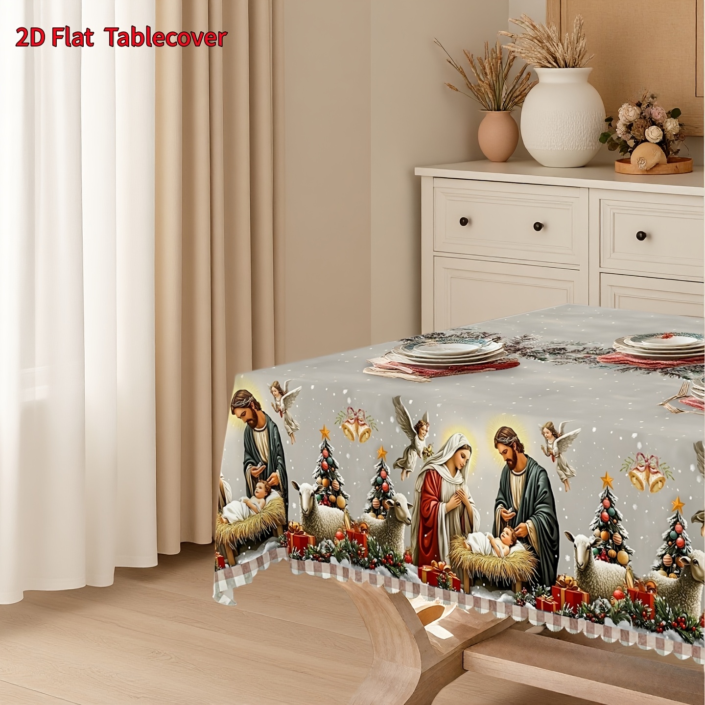 TEMU Nappe plate 2D, nappe de Noël avec une scène de Noël, des et un sapin de Noël - Motif traditionnel de fêtes européennes en blanc et rouge,