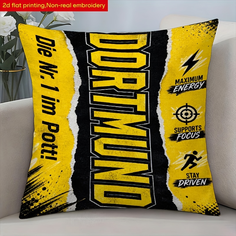 TEMU Team Yellow And Black Themed Slogan Element Printed Pillowcase, Single-sided Printed Polyester Zippered Pillowcase, Washable Polyester Material,
