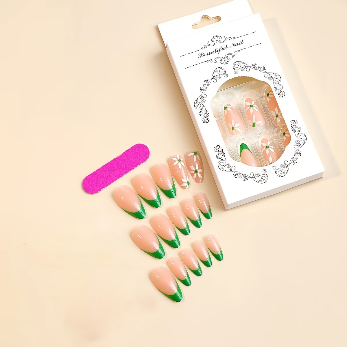 24pcs set spring press on nails medium almond green french fake nail art cute acrylic nails white flower pattern stick on false nail tips french style nail stickers for women girls for easter details 2