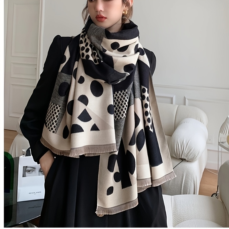 Women's Long White & Black Polka Dot Scarf - Winter Warm White Beige Grey Shawl Wrap, Soft Breathable Non-Elastic White Beige Grey Blowing-in-Wind-like-Effect (Casual & Dressy Outfits) - Versatile for Dresses, Jeans, Skirts
