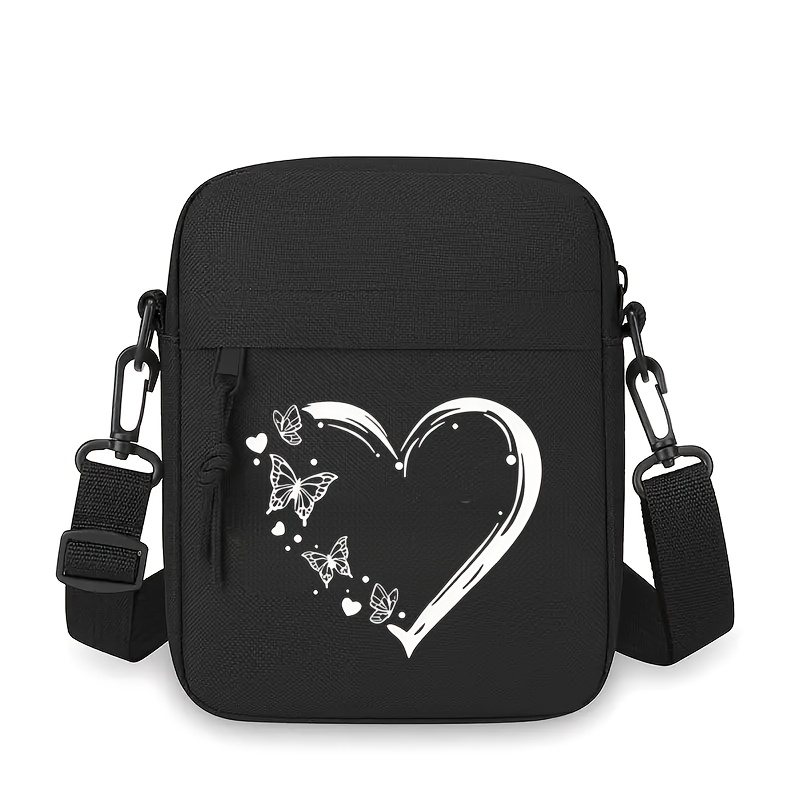 E-shop Damen Tragbare Schwarze Umhängetasche mit Verstellbarem Gurt Schwarzem Reißverschluss – Mehrfachfach-Design, Herzförmiger Schmetterlingsdruck,