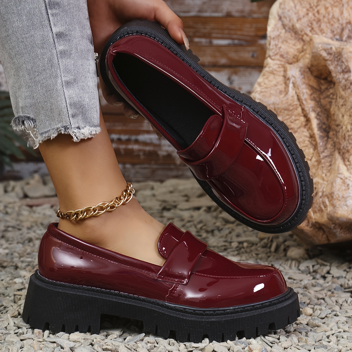 Burgundy Rubber Sole Loafers Womens Women's Lightweight Slip