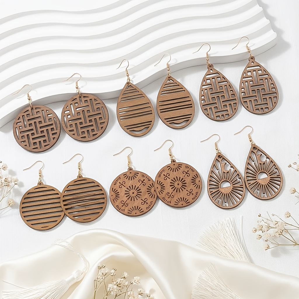 6 Pairs Minimalist Geometric Wooden Drop Earrings Set