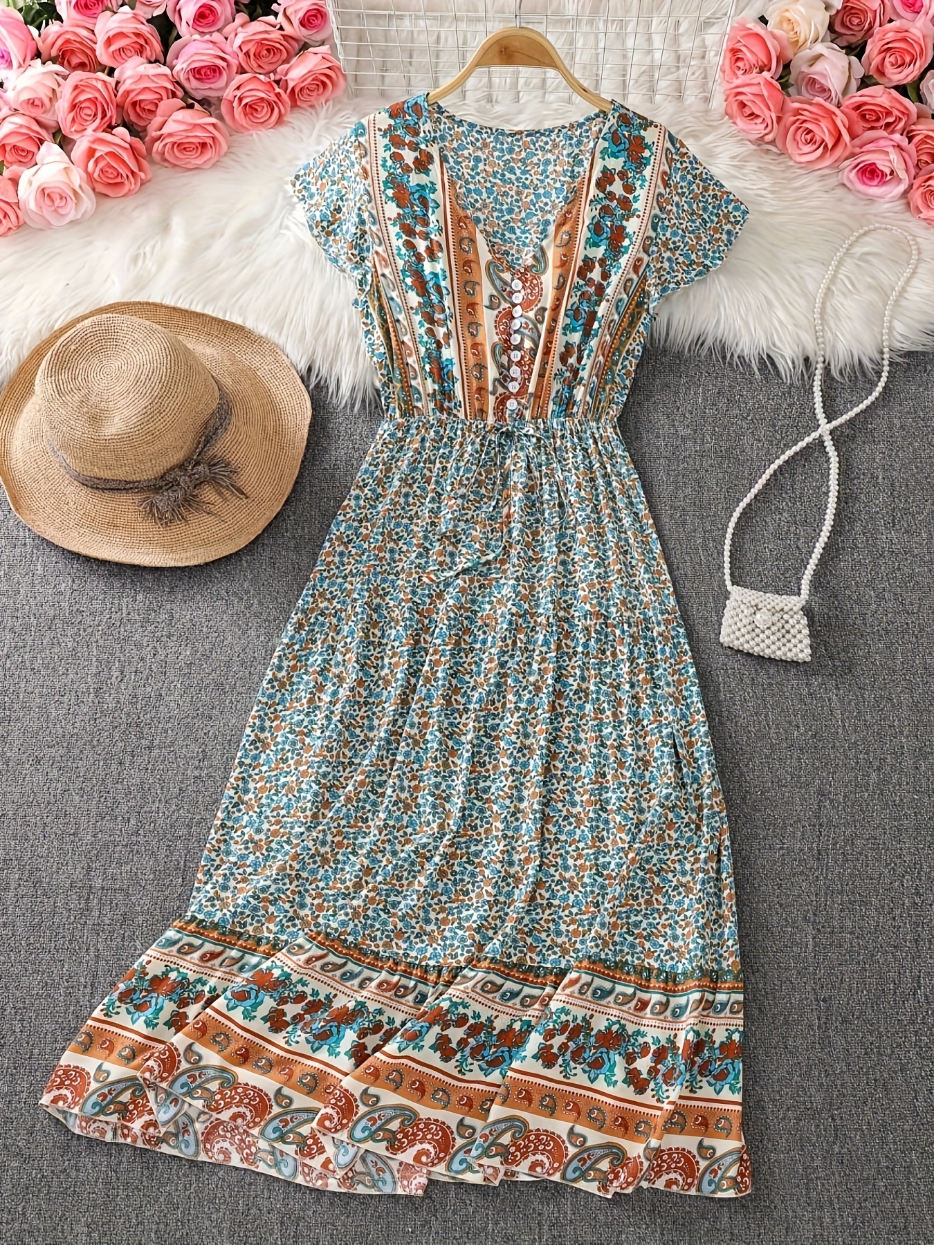 Boho Style Round Neck Dress, Casual Short Sleeves Dress For Spring &  Summer, Women's Clothing