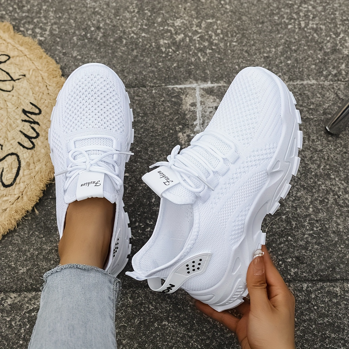 New Arrival Ladies White Knit Chunky Dad Sneakers, Cushion Insole Platform Walking Shoes, Breathable Mesh Non Slip Casual Sports Footwear