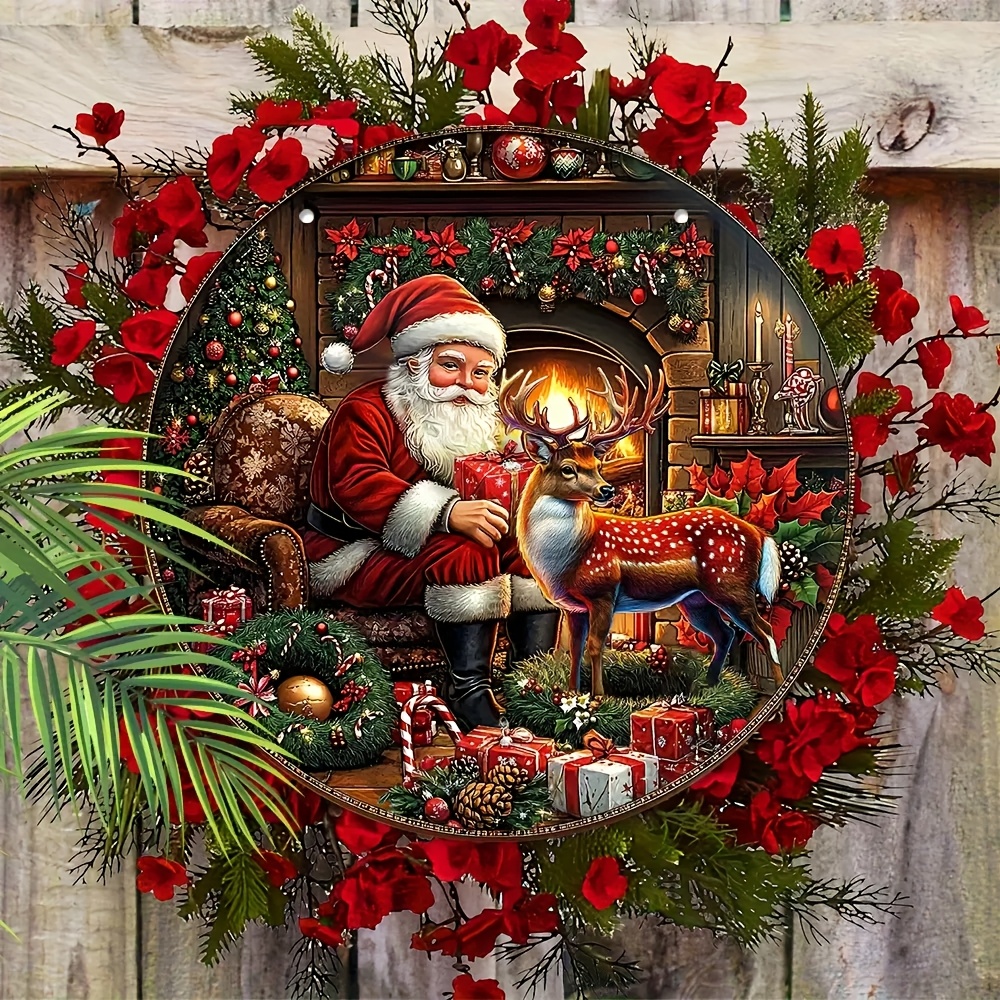 TEMU 2d Flat, 2d Flat Classic Santa Claus And Reindeer Wooden Wall Decor - Round Wall Hanging, Suitable For Front Door Or Wall Decoration, Artistic