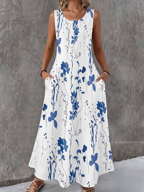 blue floral print women pocket dress casual summer wear for beach vacation and daily soft comfortable fabric ideal for leisure and light activities