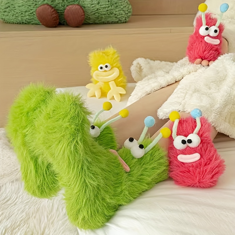 

1 Pair Cartoon Monster Slipper Socks - Warm, Fleece Indoor Floor Socks With 3d Antenna Design For Winter , Cute Socks