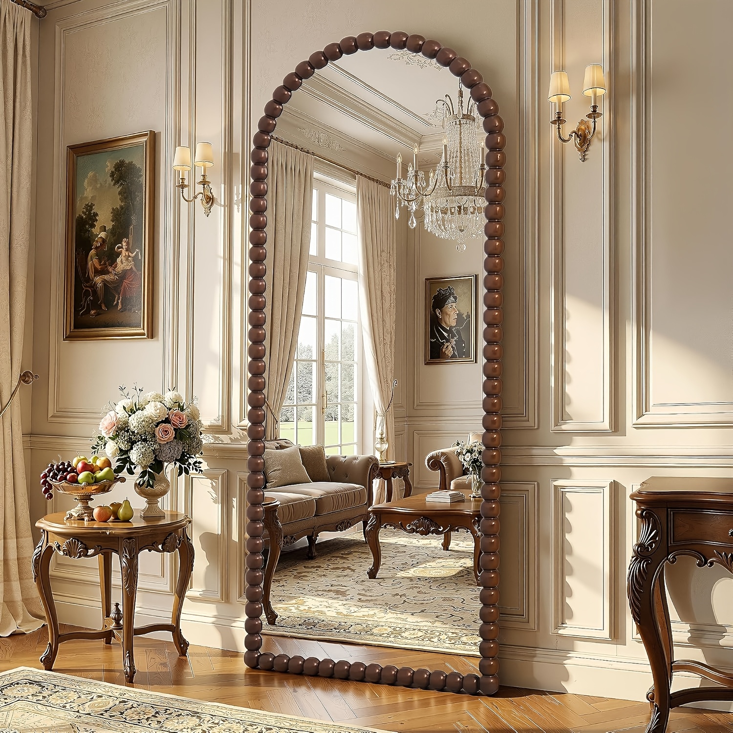 TEMU Furnbar Floor Mirror, Vintage Full Length Mirror 145x53.4cm Beaded Full Body Mirror With Stand, Hanging Mounted For Bedroom Living Room , Bronze