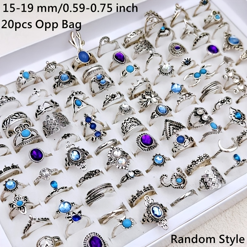 TEMU Wholesale 20pcs/pack Women's Fashion Stackable Rings Vintage Bohemian Men's And Women's Ring Set Silvery Blue And Purple Resin Alloy Size