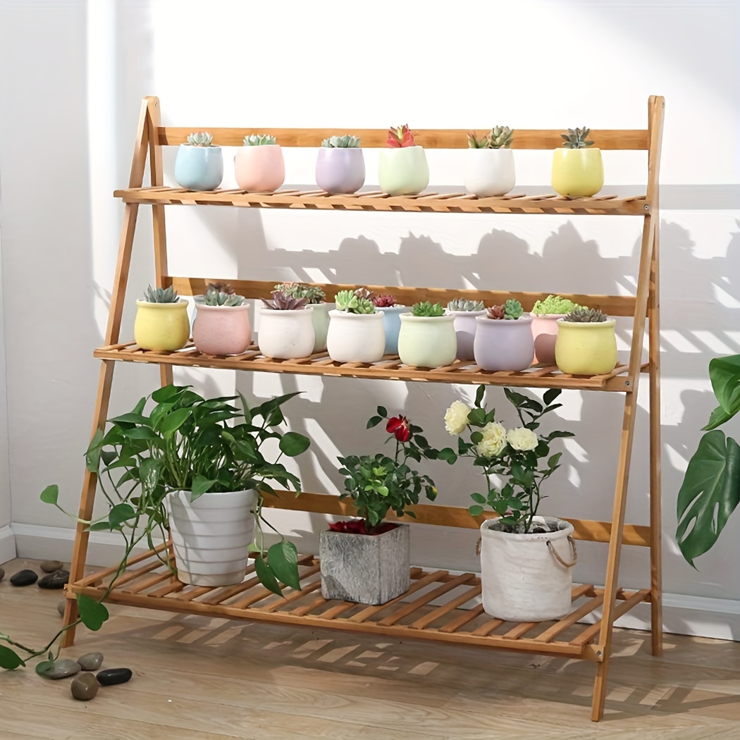 foldable bamboo plant stand 3 tier ladder shelves flower pot displaying rack indoor organizer holder for succulents small planters home garden patio decor 100cm width 0