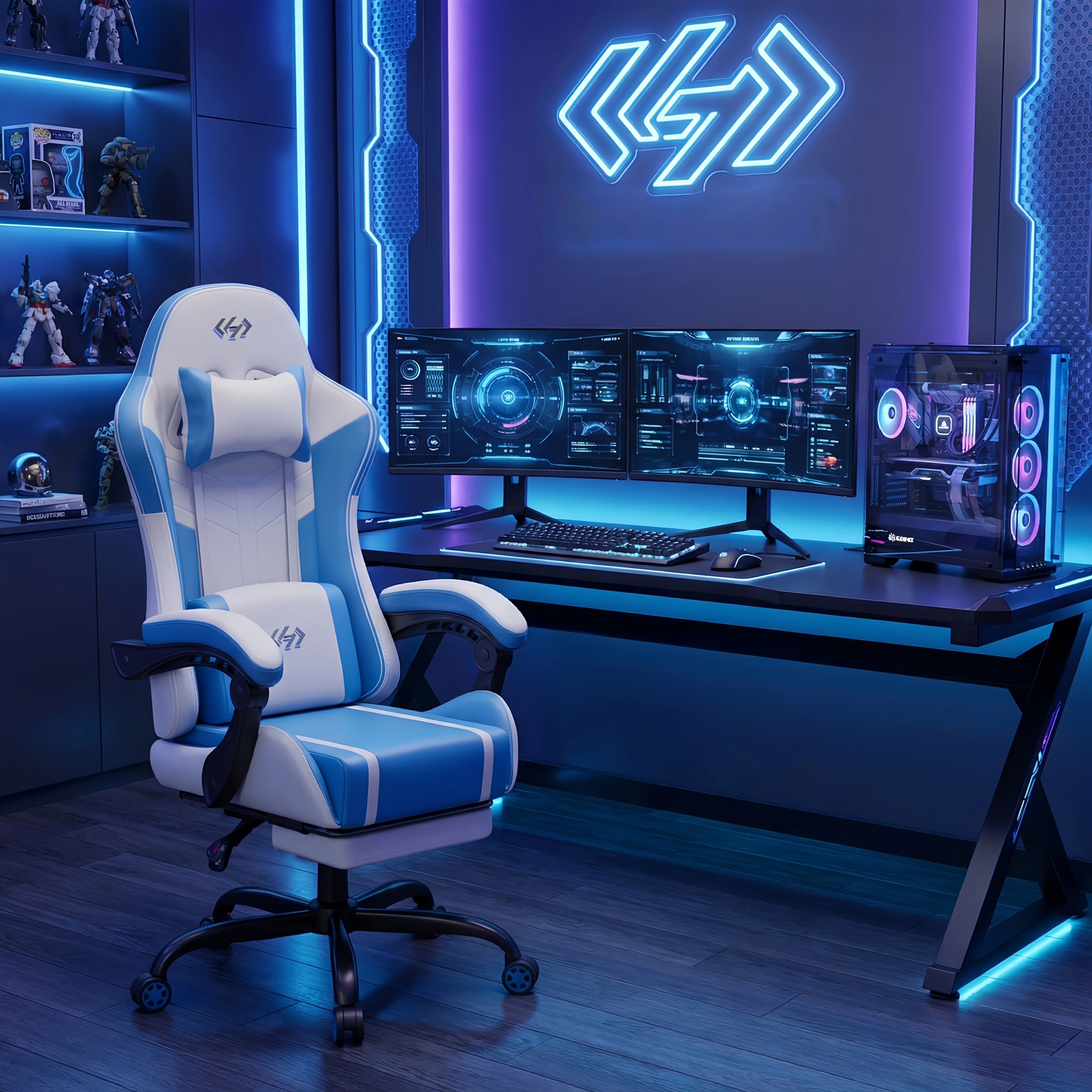 Gaming Chair with Massage Lumbar Support Ergonomic Computer Chair for Adults with Footrest and Lumbar Support with 360° Swivel Seat PU Leather Office Chair, Crafted From Durable Faux Leather, Best Gift for Father and Boyfriend