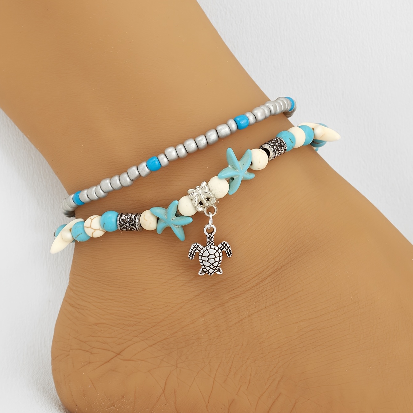 Image of Fashion Bohemian Style Small Turtle Small Starfish With Beads Anklet To Match Clothes And Swimwear Beach Wear