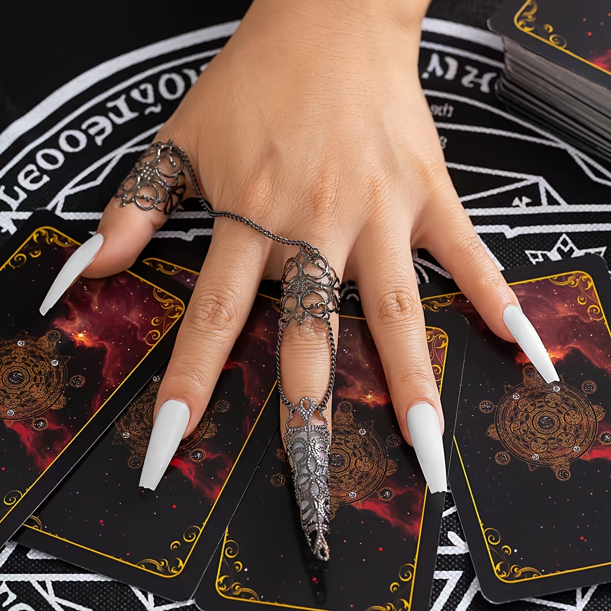 Boho Gothic Hollow Cone Nail Covers Golden Chain Floral Ring