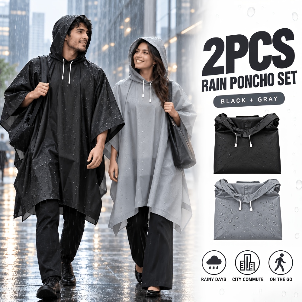 TEMU 2pcs Adult Rain Poncho Set, Black & Gray Oversized Hooded Ponchos With Drawstring, Lightweight Loose-fit Outdoor Rainwear For Daily Commuting,