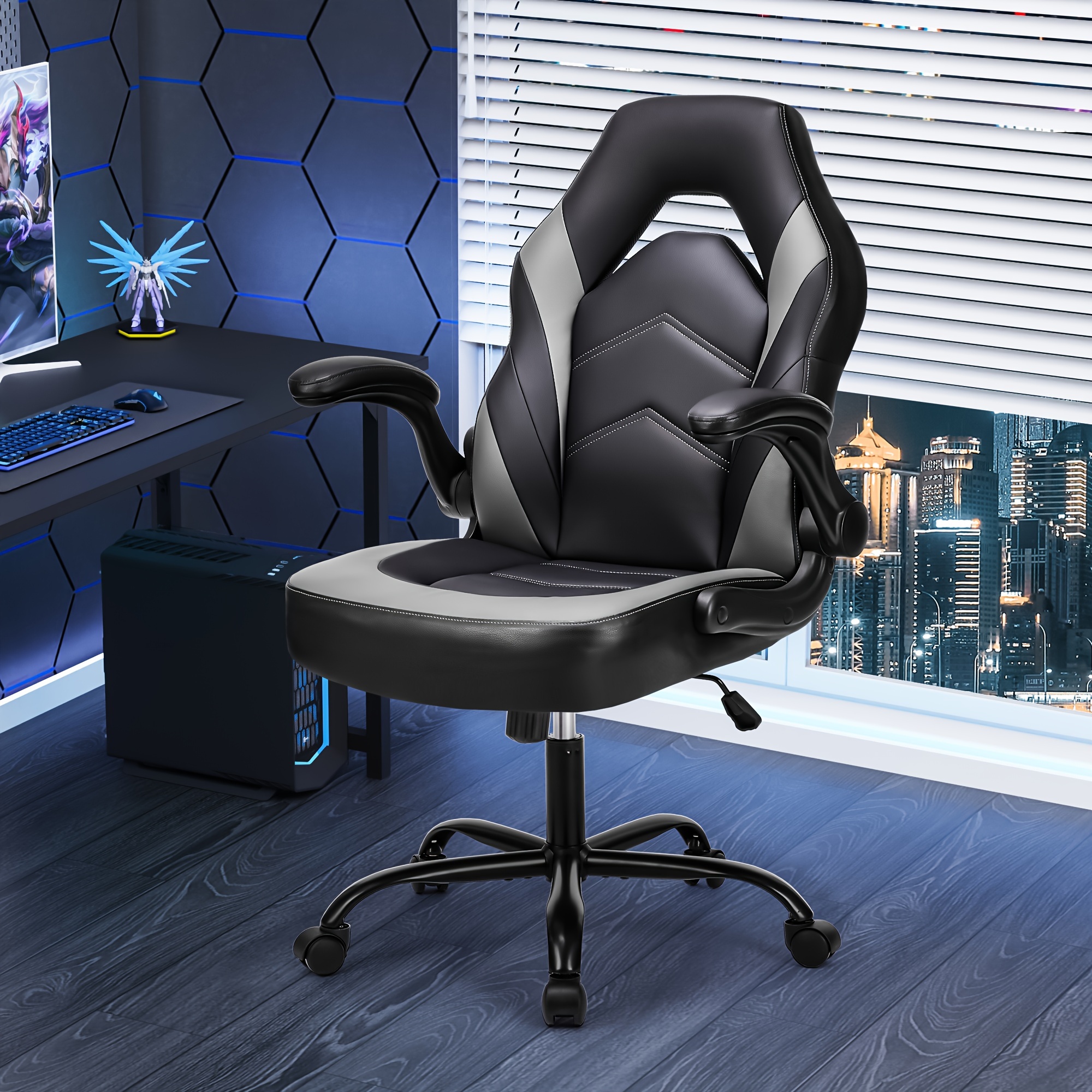 

Chair With Flip-up Armrests - Adjustable Height & Swivel Task, Leather Racing Chair For Gamers & Home Office, Sleek Black With Gray Accents, Metal Frame, Foam Seat, Game Chair, Sweetcrispy