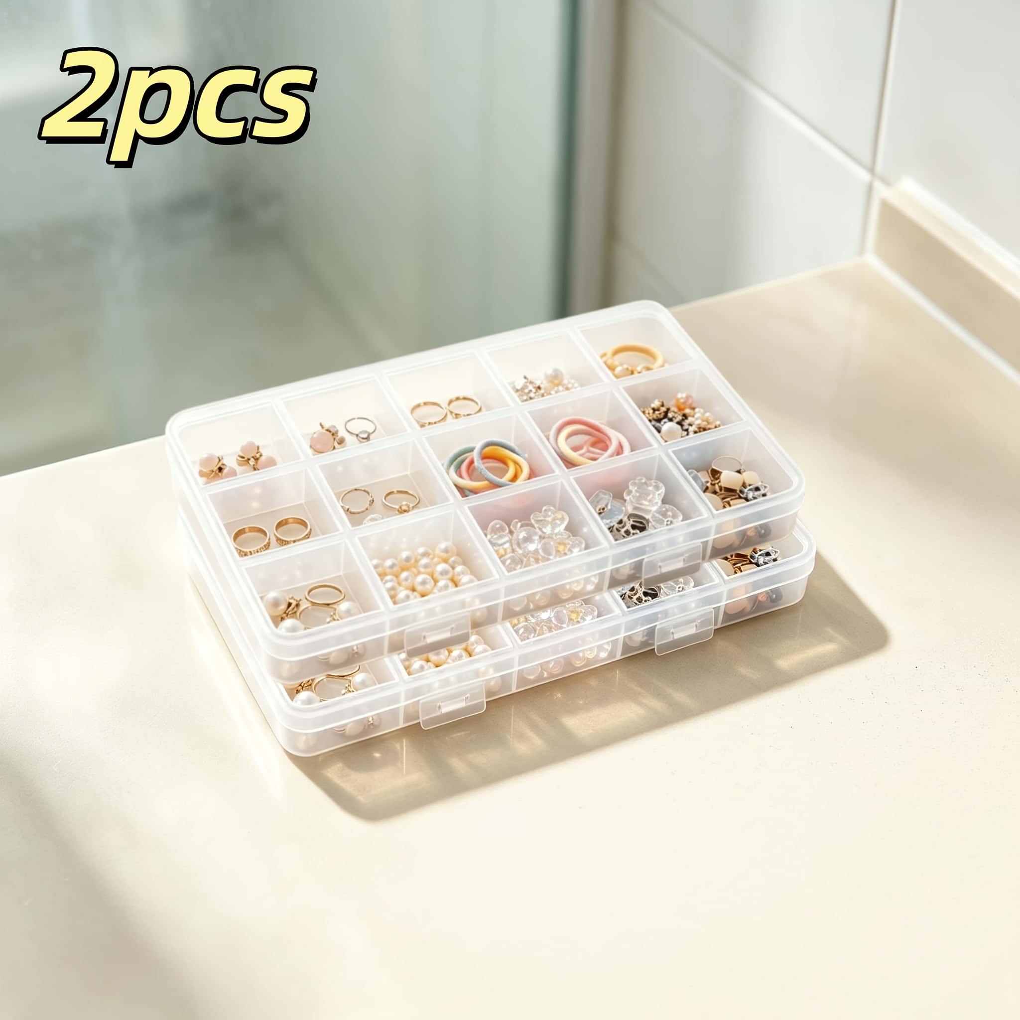 TEMU 2pcs Set Of 15-compartment Multi-section Storage Boxes, Transparent Plastic Organizer - Multifunctional Storage Box For Jewelry, Beads, Craft