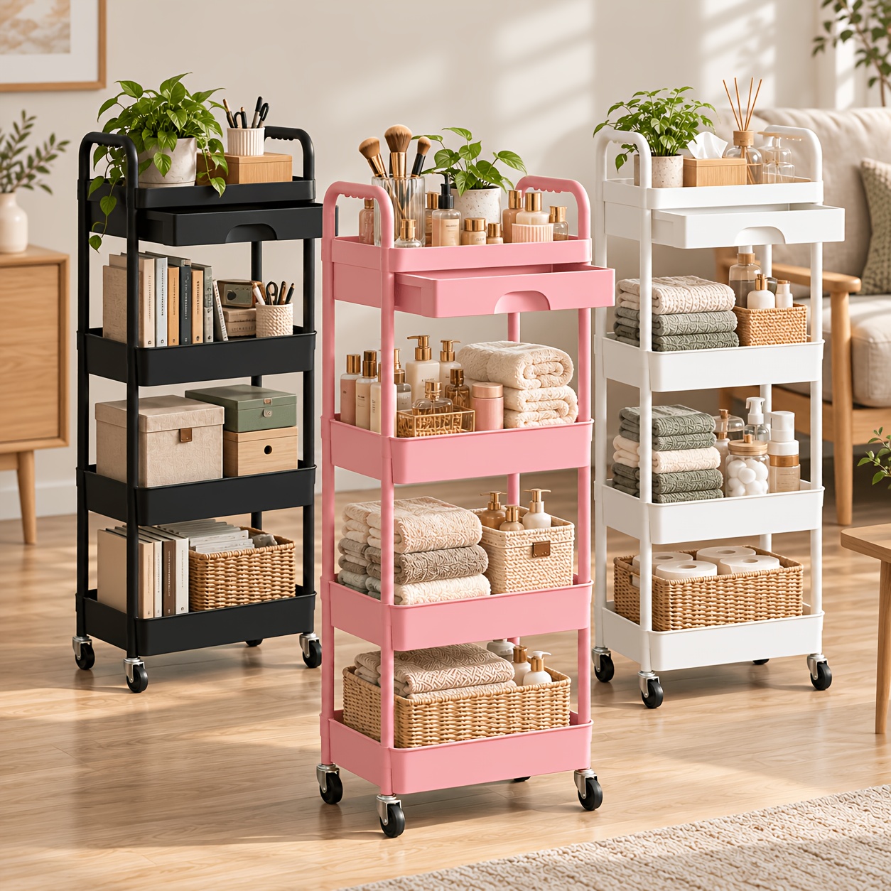 Image of 4-tier Rolling Utility Cart With Drawers, Multi-functional Storage Rack With Plastic Shelves And Golden Metal Wheels, Suitable For Kitchen, Bathroom, Living Room, Office, White, Black