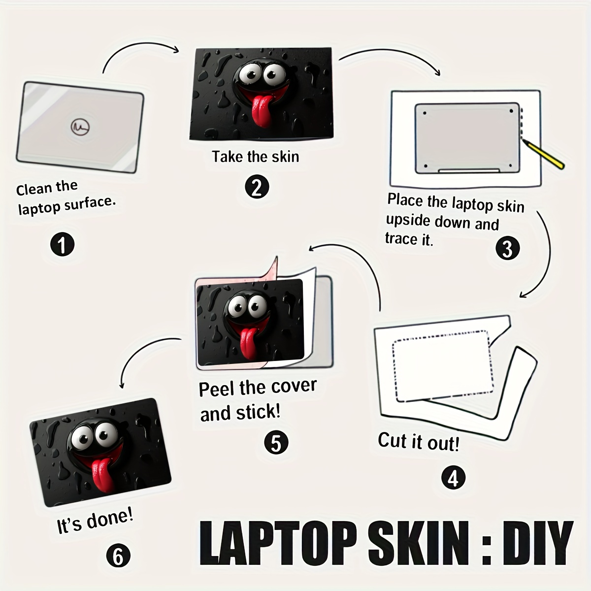 2pcs Stickers Joyeux Visage pour Ordinateur Portable - & Design Anti-Rayures Non Réutilisable Yeux Expressifs & Langue, Beige Clair avec Autocollants Art Drip Noirs pour Ordinateurs Portables, Voitures, Tablettes, Smartphones - Application Facile à Décoller et Coller, Sans Résidus