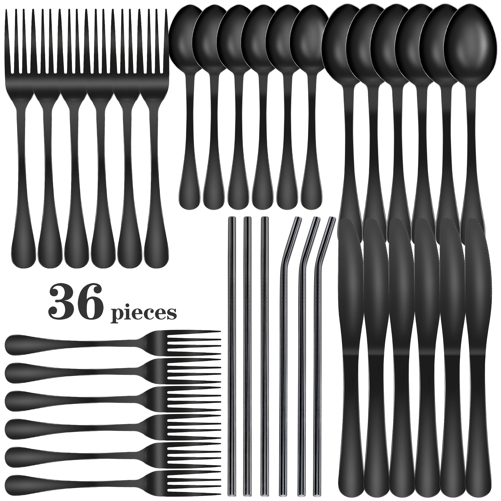 Image of 4/32/36/40pcs Restaurant-quality Stainless Steel Black Cutlery Set | Dishwasher--polished Flatware With Spoons, Forks, Knives, Teaspoons & Straws | Christmas-themed Kitchen Decor & Supplies