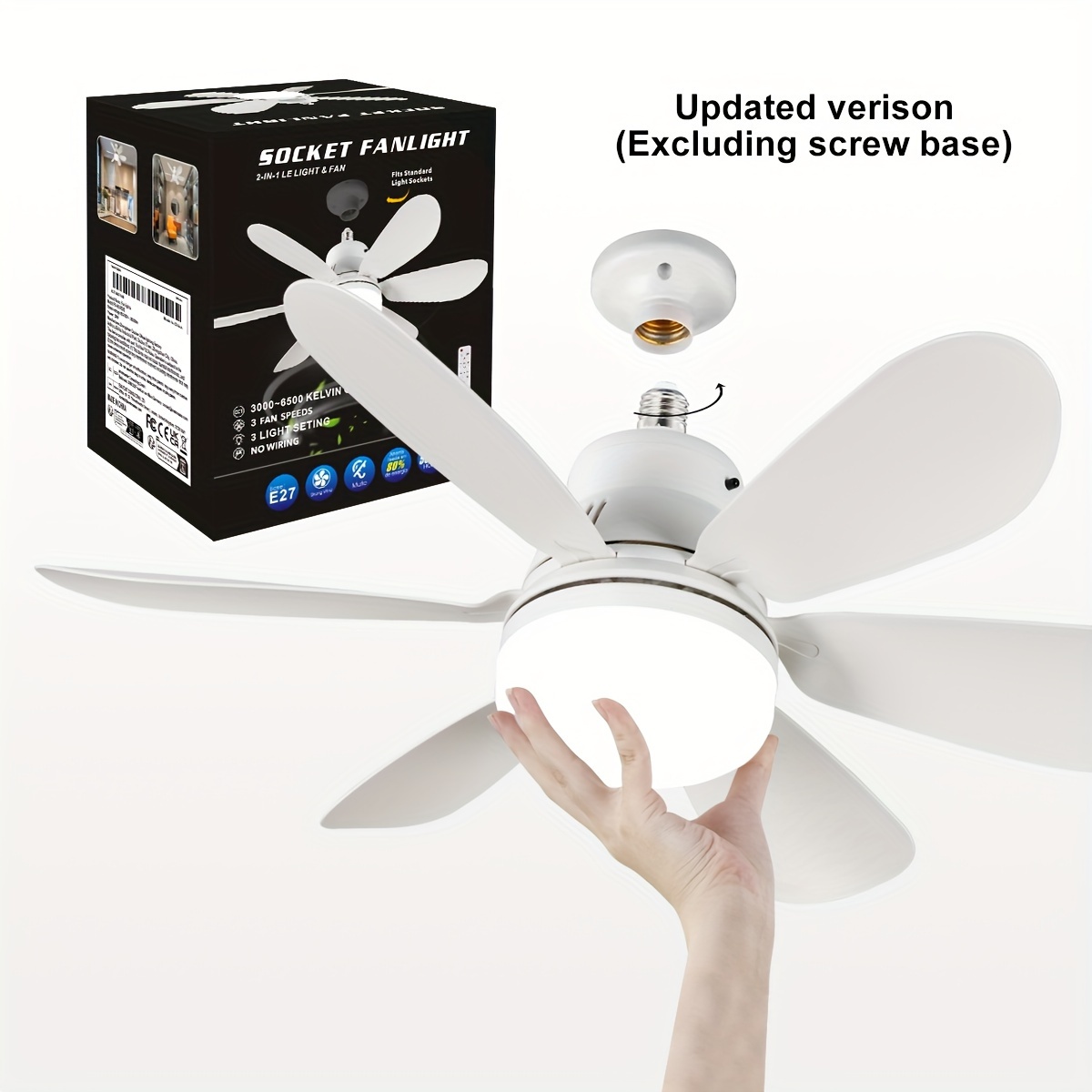 A single piece of fan and light socket, ceiling fans with remote control and screw-in light bulbs, easy-to-install small ceiling fan base as a replacement for light bulbs, dimmable fan and light socke