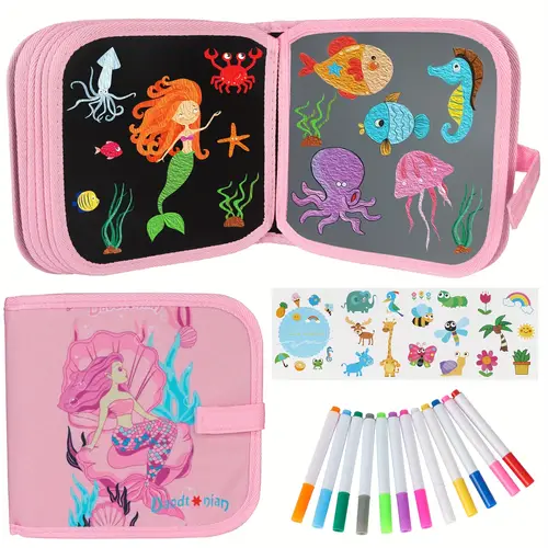 kids erasable book doodle set magic drawing book for kids reusable drawing book 12 watercolor pencils 14 pages drawing road game writing painting set for boys and girls birthday gift