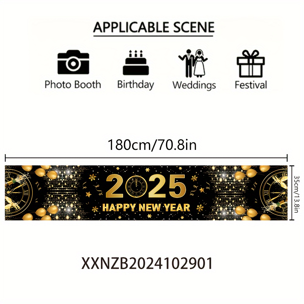 TEMU 1pc, 2025 Happy New Year Table Runner, 70.8x13.8 Inches, Black Banner, Durable Polyester, Machine-woven, Festive Home & Restaurant Decor, Party
