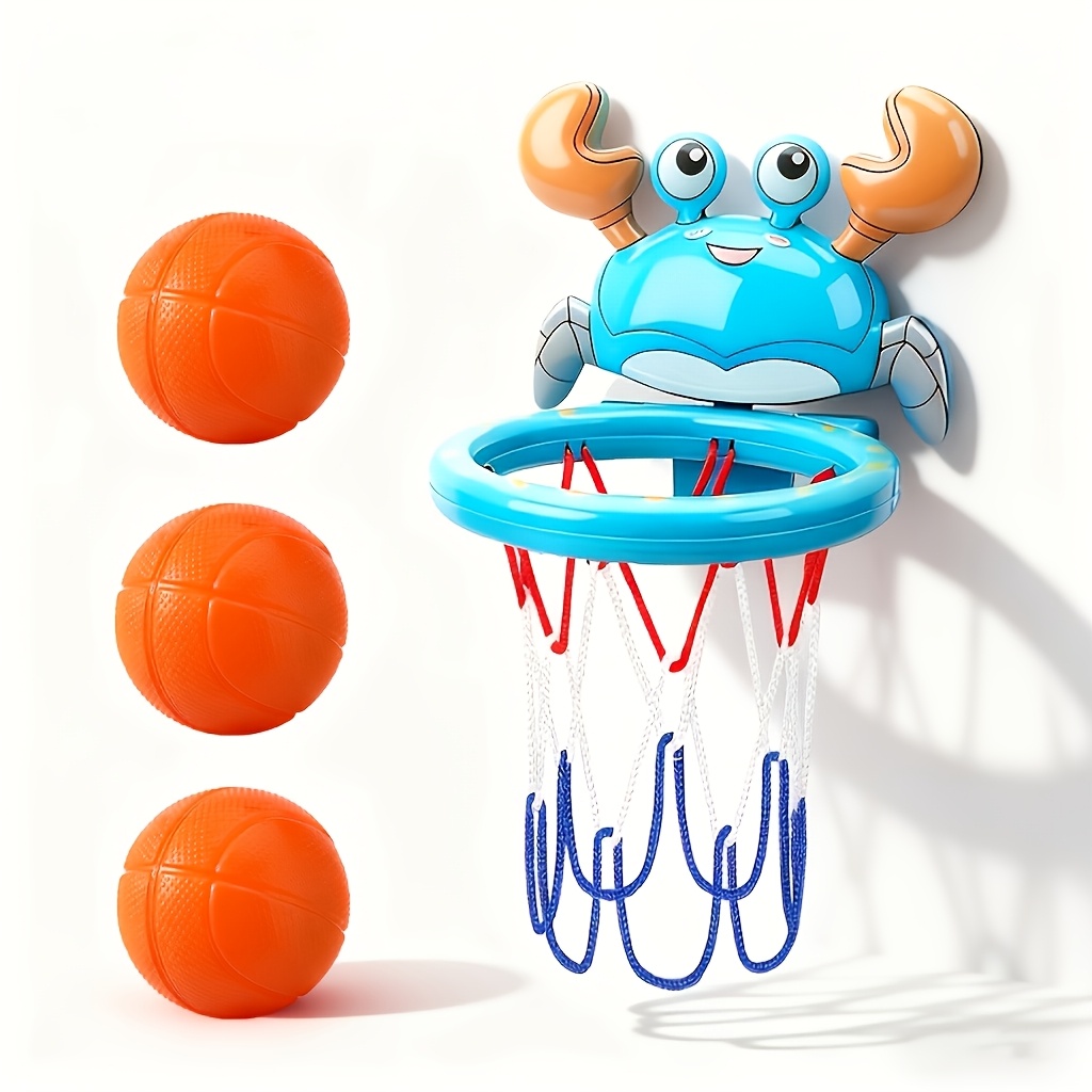 Image of 4pcs Set, 1pc Crab Bathtub Basketball Holder And 3pcs Balls | Fun Bath Toys For Toddlers And Infants, Perfect Gift For Boys And Girls, Mixed Colors Plastic