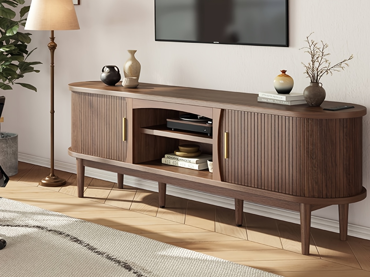 68 Inch Mid-Century TV Stand for TVs Up to 70 Inch, Entertainment Center with Storage, Power Outlet, Recessed Sliding Doors & Adjustable Shelves, Modern Media Console for Living Room, Housewarming Gift