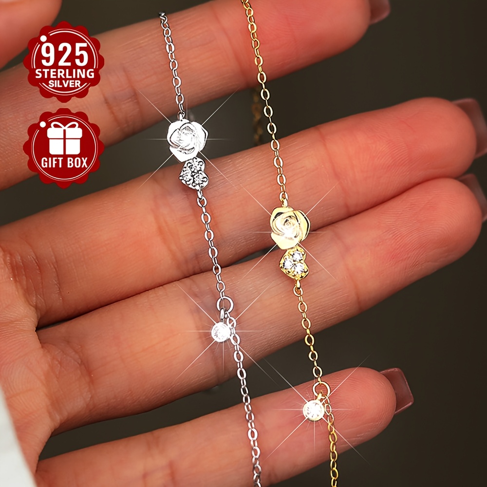 

Total Weight About 1.15g 1pc Women' Bracelet 925 Pure Silvery Flower Synthetic Zirconia Rose Love Women's Bracelet Hand Accessory Suitable For Activities And Parties Suitable For Gift