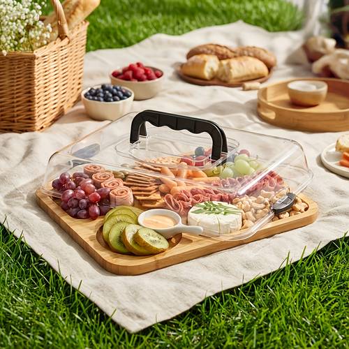 portable bamboo cheese tray with transparent acrylic lid decorative food board suitable for christmas halloween thanksgiving valentines day parties durable serving platter for charcuterie appetizers desserts cheese meat boards