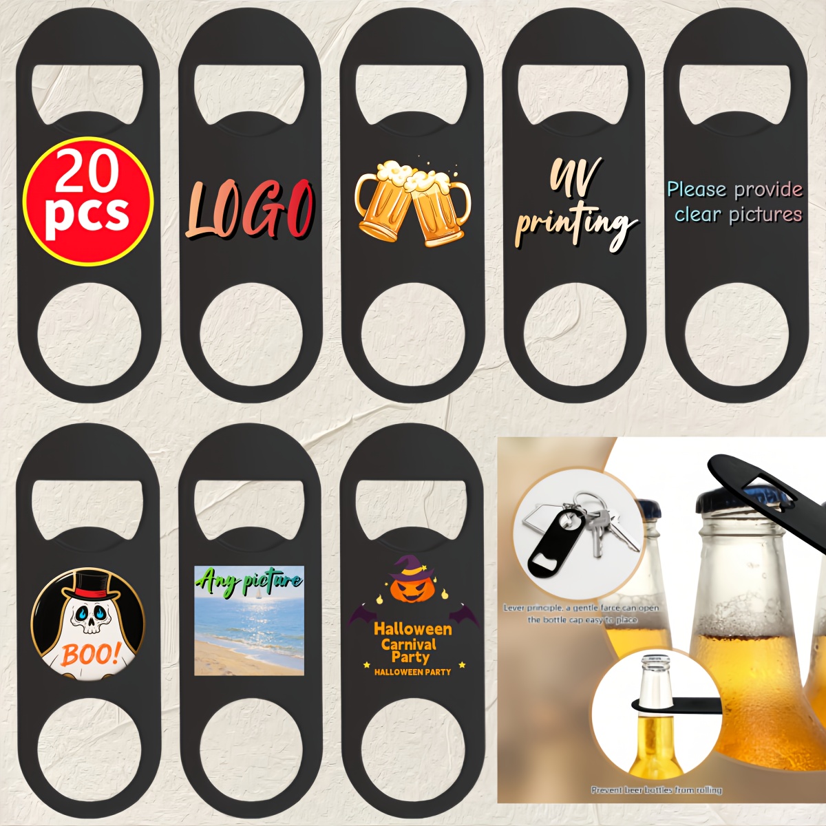 Image of 20/40/80pcs Uv Custom Colorful Logo Double Hole Beer Bottle Opener, Photo Printing Marketing Advertising, Exhibition Gift