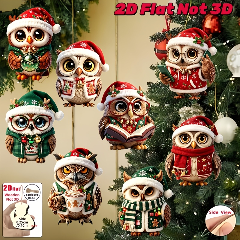 TEMU 2d Flat, 8pcs Wearing Santa Hats Wooden Christmas Ornaments, Christmas Tree Hangings, Home Hanging Decorations, Party Gathering Decorations,