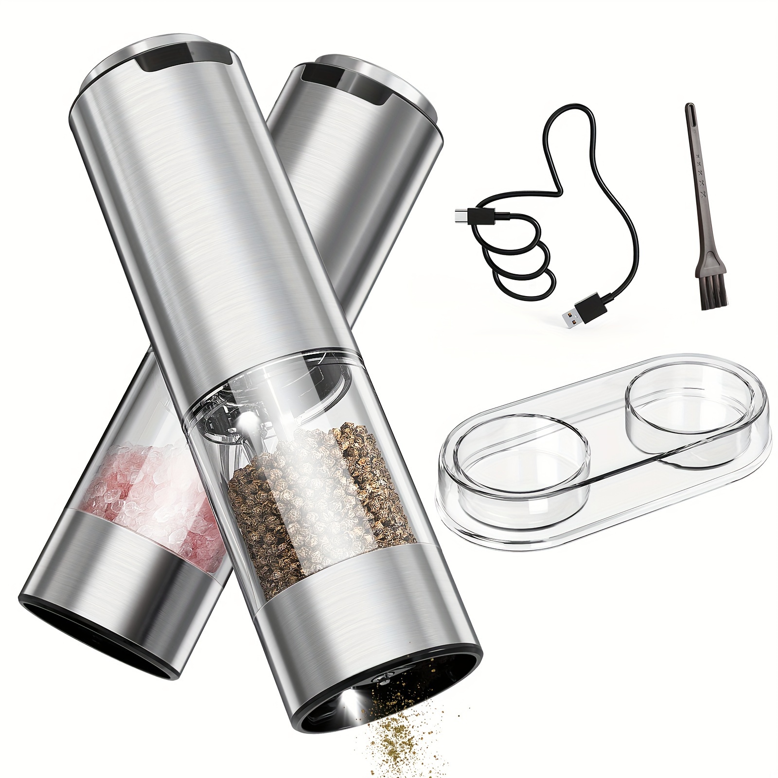 

Rechargeable Electric Salt And Pepper Grinder Set With Base, Stainless Steel Pepper Mills With Washable 95ml Container, White Led Light And Adjustable Coarseness, Silver