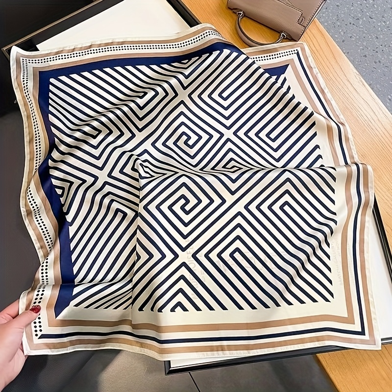 TEMU 1pc Of Elegant Geometric Pattern Satin Square Scarf 27.56 Inches-soft, Lightweight, Versatile Women's Neck And Hair Additions, Navy Blue And