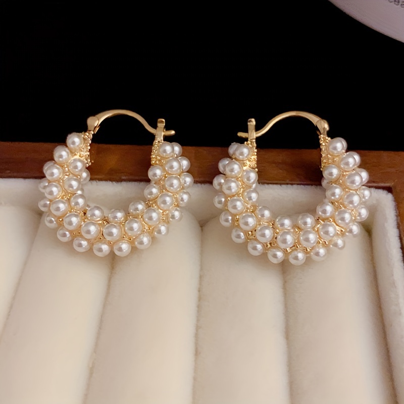 

Elegant Faux Pearl Hoop Earrings, Full Pave, Casual Chic, Golden Hinged Closure, Fashion Jewelry For Women