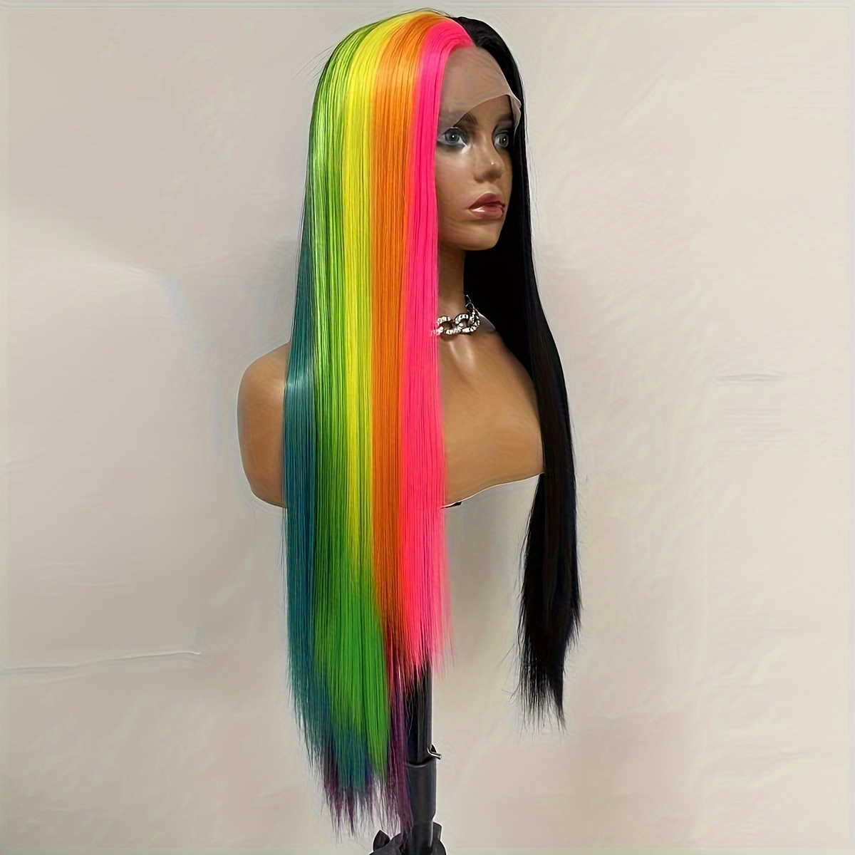 Rainbow Color Straight Lace Front Hair Wigs Colorful 13 3 Lace Front Synthetic Fiber Hair Wigs For Cosplay Costume Party Halloween Use 24 28 Inch