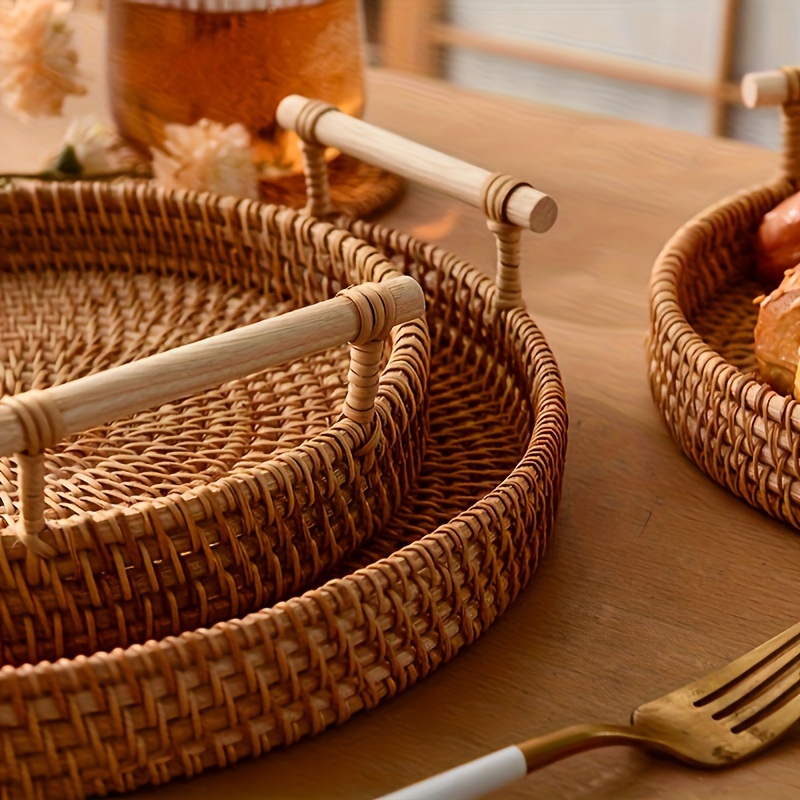 rustic chic   rattan fruit basket   storage container with sturdy handles for kitchen dining room and tabletop japanese inspired bread and   bun serving tray with natural woven design details 2