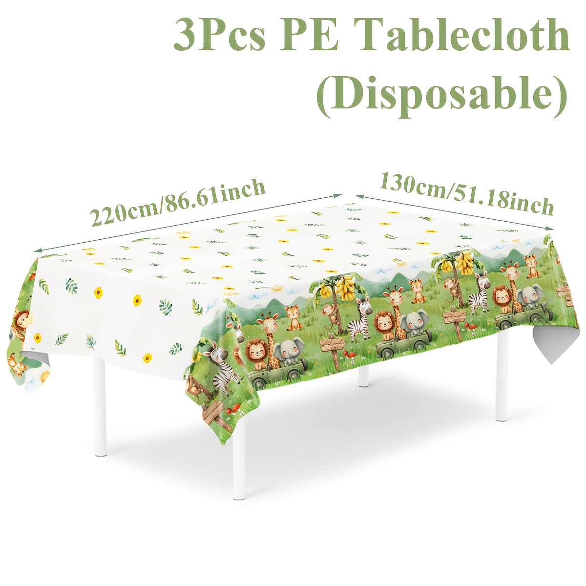 TEMU Lot de 3 nappes jetables en PE sur le thème des animaux de , 130 x 220 cm, décoration de fête anniversaire, nappe de fête forêt verte,