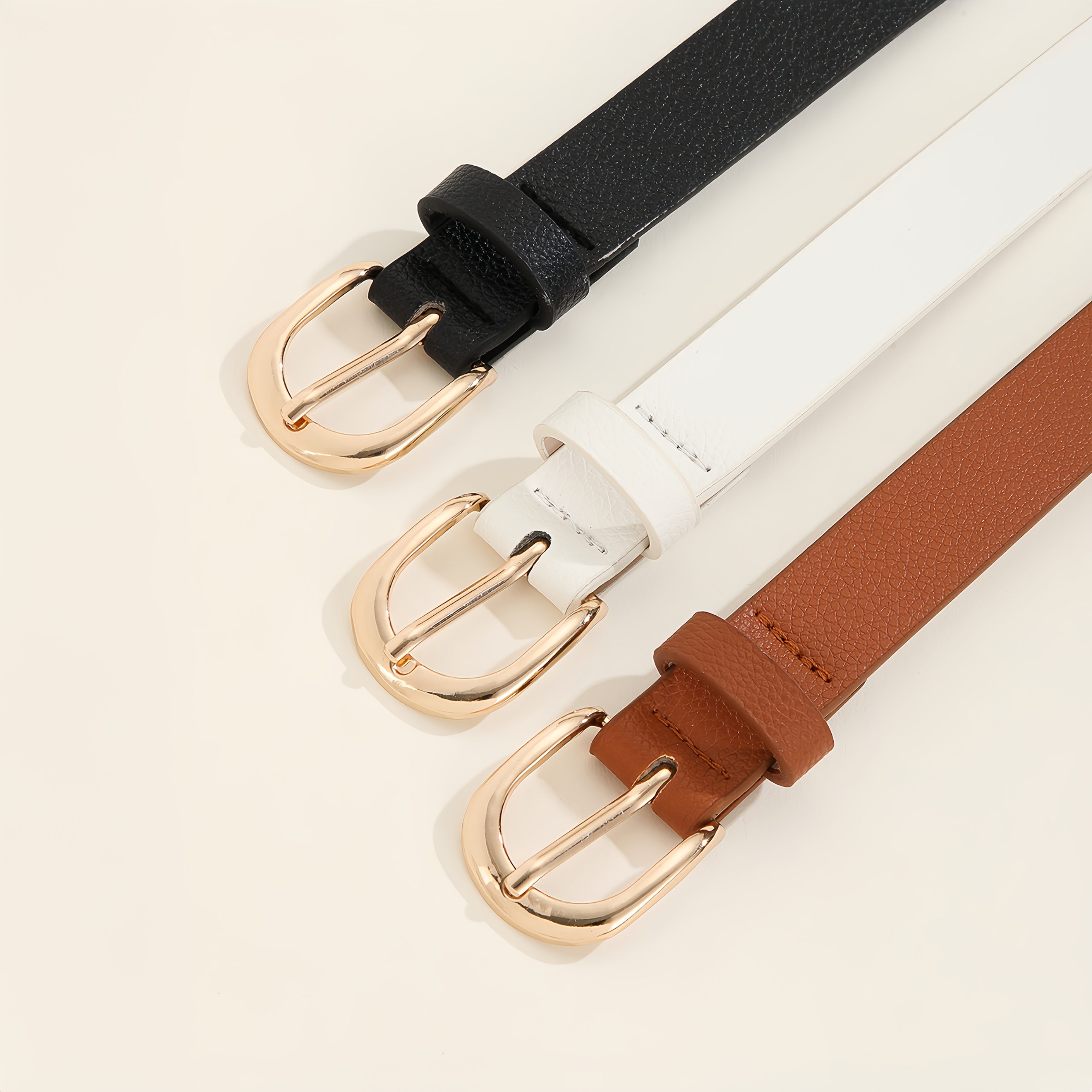 3pcs Women's Belts w/ Golden Tone Buckles & Brown Textured Pattern