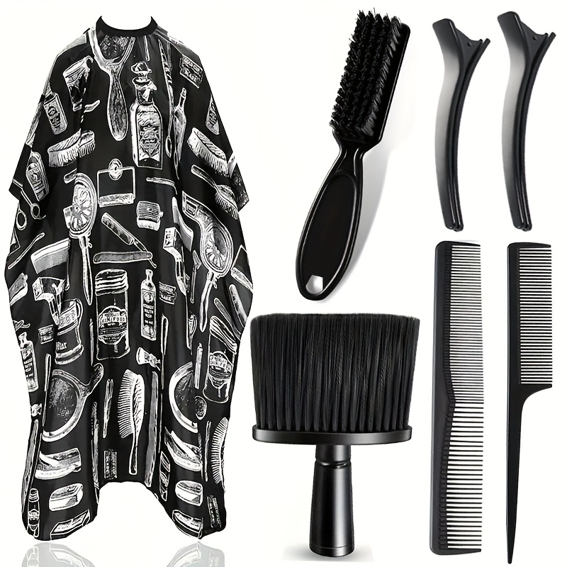 Image of 7pcs Professional Barber Cape Set With Neck Duster Brush And Barber Brush, Polyester Hair Cutting Additions For Salon Styling, Cleaning Supplies