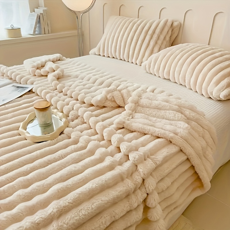 

Contemporary Striped Fur Throw Blanket - Soft, Warm & Comfortable For Napping On Sofa, Bed, Office & Travel - Gift